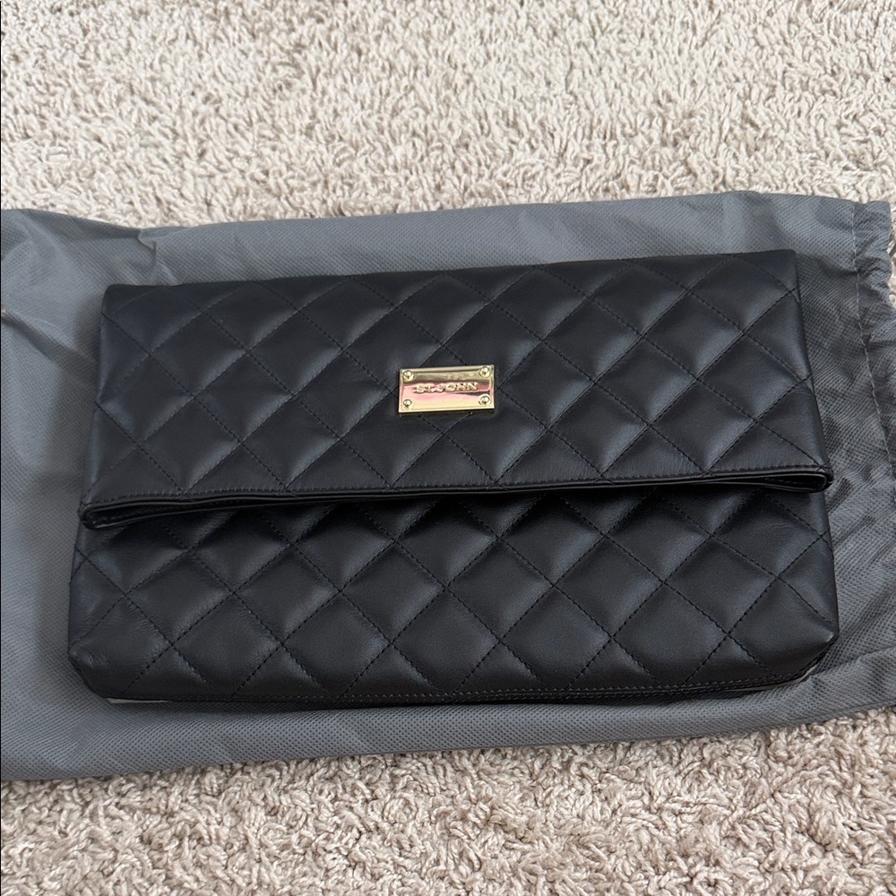St. John Black Quilted Fold-Over Clutch with Gold Logo Plate